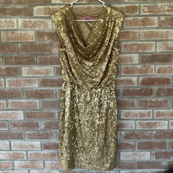 NWT Eliza J Gold Sequin Cocktail Draped Neck Party Dress Size 6 - Picture 2 of 12
